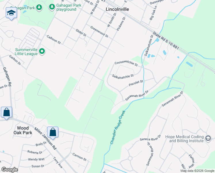 map of restaurants, bars, coffee shops, grocery stores, and more near 130 Coosawatchie Street in Summerville
