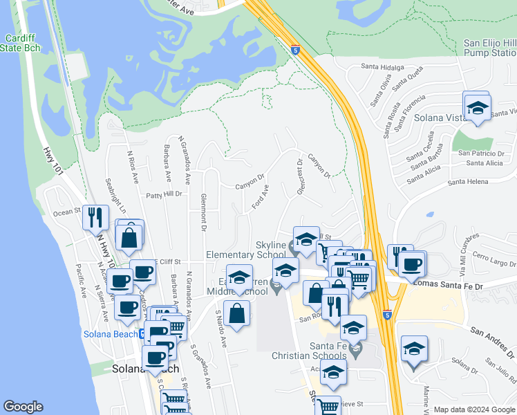 map of restaurants, bars, coffee shops, grocery stores, and more near 524 Ford Avenue in Solana Beach