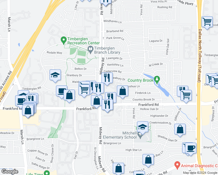 map of restaurants, bars, coffee shops, grocery stores, and more near 18240 Midway Road in Dallas