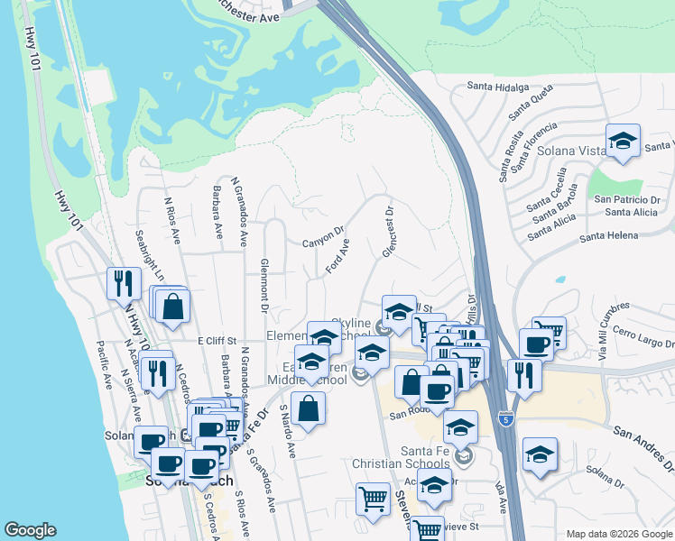 map of restaurants, bars, coffee shops, grocery stores, and more near 524 Ford Avenue in Solana Beach