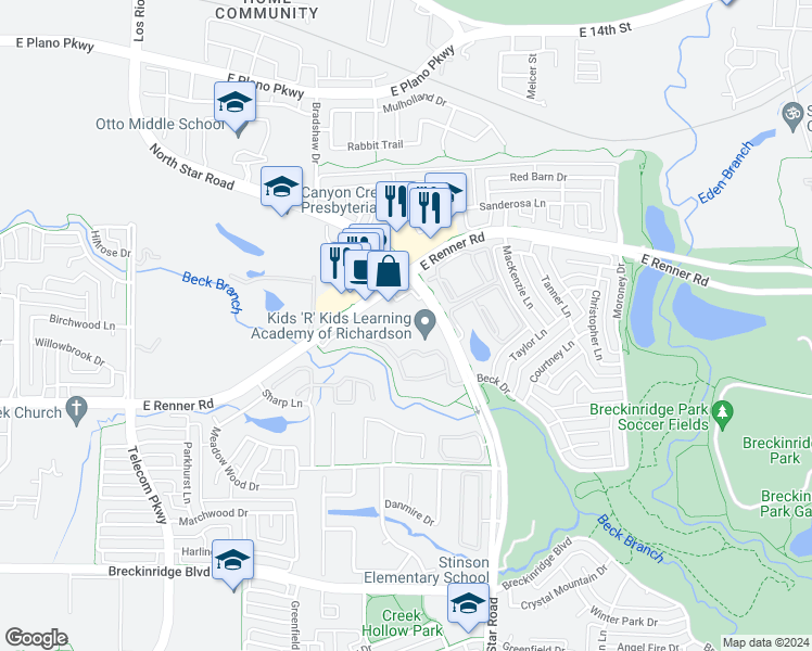 map of restaurants, bars, coffee shops, grocery stores, and more near 3551 North Star Road in Richardson