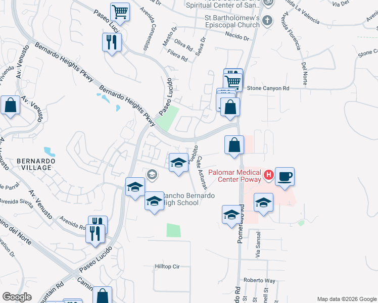 map of restaurants, bars, coffee shops, grocery stores, and more near 15631 Caldas De Reyes in San Diego