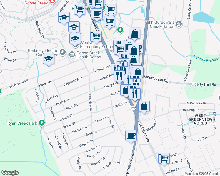 map of restaurants, bars, coffee shops, grocery stores, and more near 110 Etling Avenue in Goose Creek