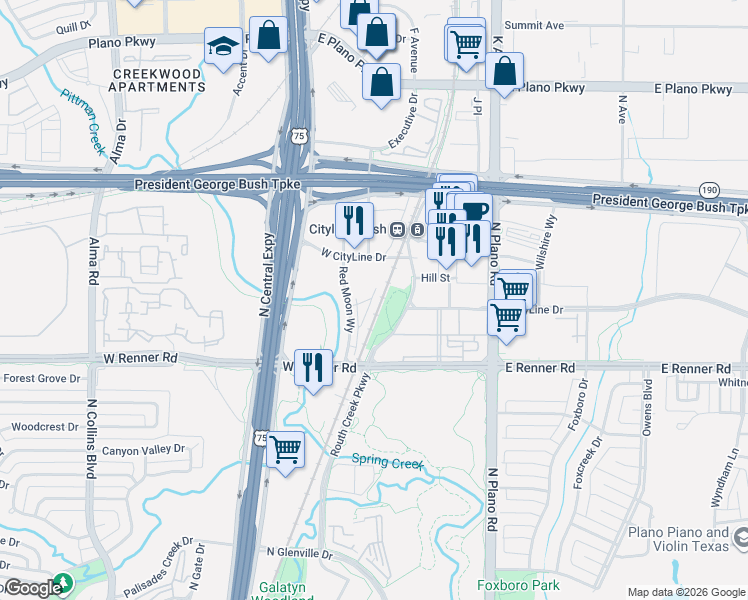 map of restaurants, bars, coffee shops, grocery stores, and more near 100 West CityLine Drive in Richardson