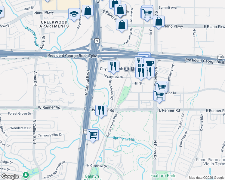 map of restaurants, bars, coffee shops, grocery stores, and more near 100 West CityLine Drive in Richardson