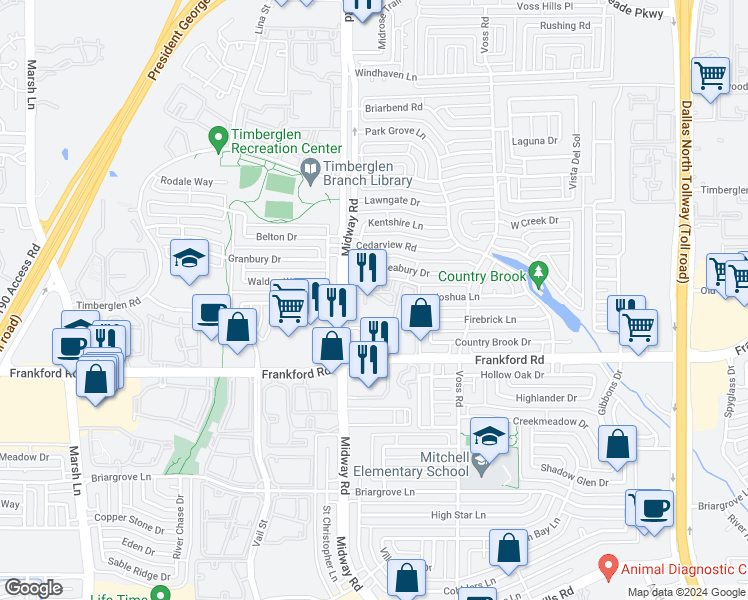 map of restaurants, bars, coffee shops, grocery stores, and more near 18240 Midway Road in Dallas