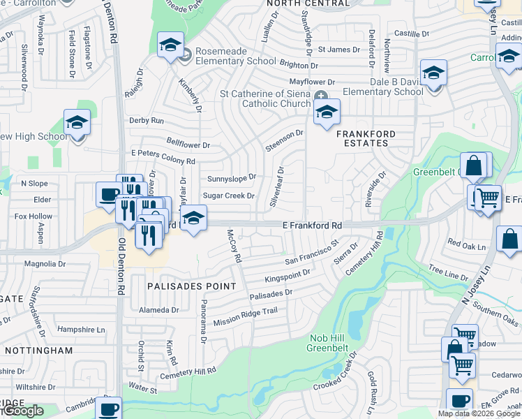 map of restaurants, bars, coffee shops, grocery stores, and more near 1528 Sugar Creek Drive in Carrollton