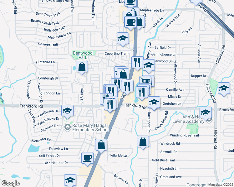 map of restaurants, bars, coffee shops, grocery stores, and more near 18111 Preston Road in Dallas