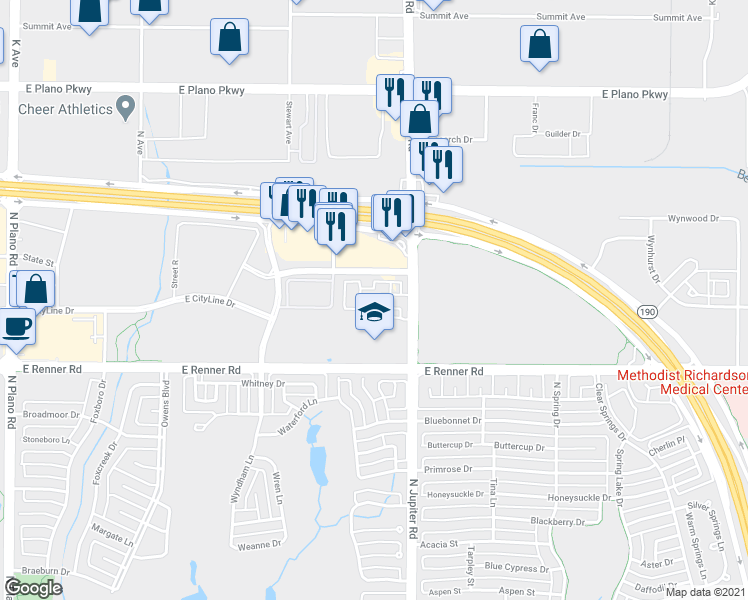 map of restaurants, bars, coffee shops, grocery stores, and more near 3501 North Jupiter Road in Richardson