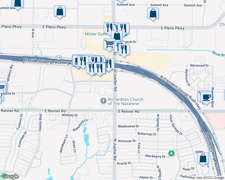 map of restaurants, bars, coffee shops, grocery stores, and more near 3501 North Jupiter Road in Richardson
