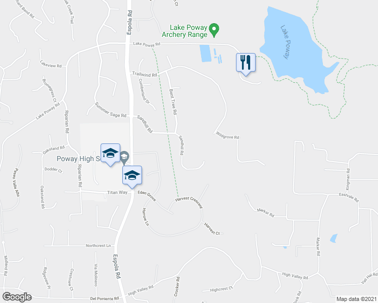 map of restaurants, bars, coffee shops, grocery stores, and more near 14338 Sandhill Road in Poway