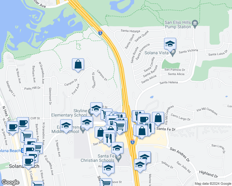 map of restaurants, bars, coffee shops, grocery stores, and more near 667 Solana Hills Court in Solana Beach