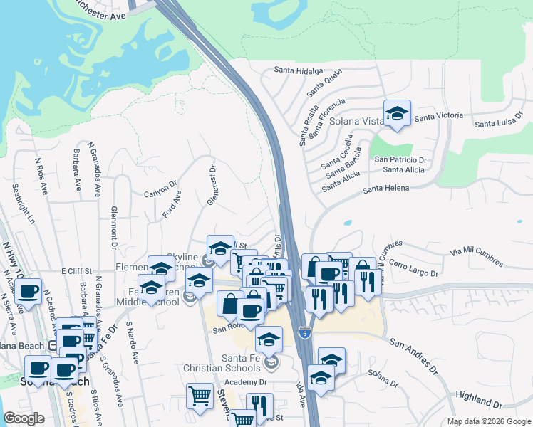 map of restaurants, bars, coffee shops, grocery stores, and more near 667 Solana Hills Court in Solana Beach