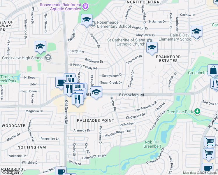 map of restaurants, bars, coffee shops, grocery stores, and more near 1516 Sugar Creek Drive in Carrollton