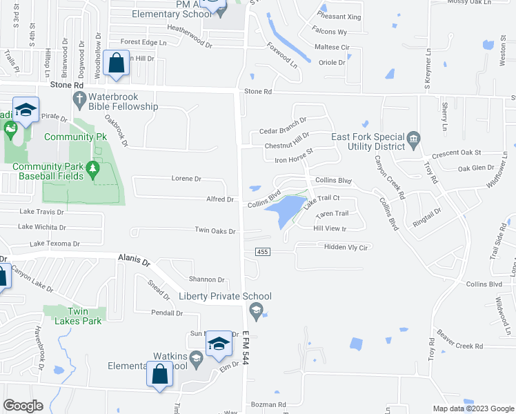 map of restaurants, bars, coffee shops, grocery stores, and more near 1152 Collins Boulevard in Wylie