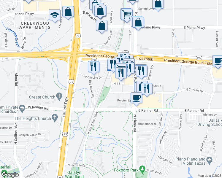 map of restaurants, bars, coffee shops, grocery stores, and more near 3551 Routh Creek Parkway in Richardson