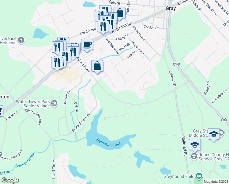 map of restaurants, bars, coffee shops, grocery stores, and more near 203 Howard Court in Gray