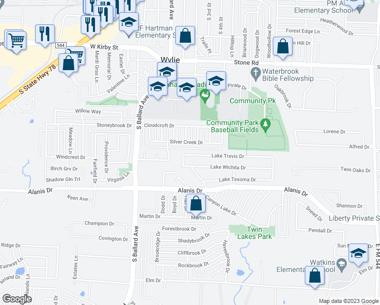 map of restaurants, bars, coffee shops, grocery stores, and more near 207 Lake Travis Drive in Wylie