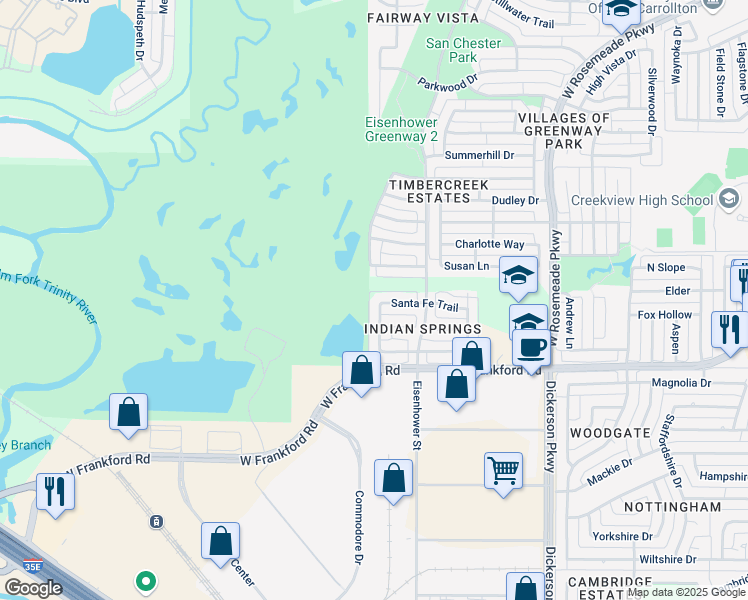 map of restaurants, bars, coffee shops, grocery stores, and more near 1524 Santa Fe Trail in Carrollton