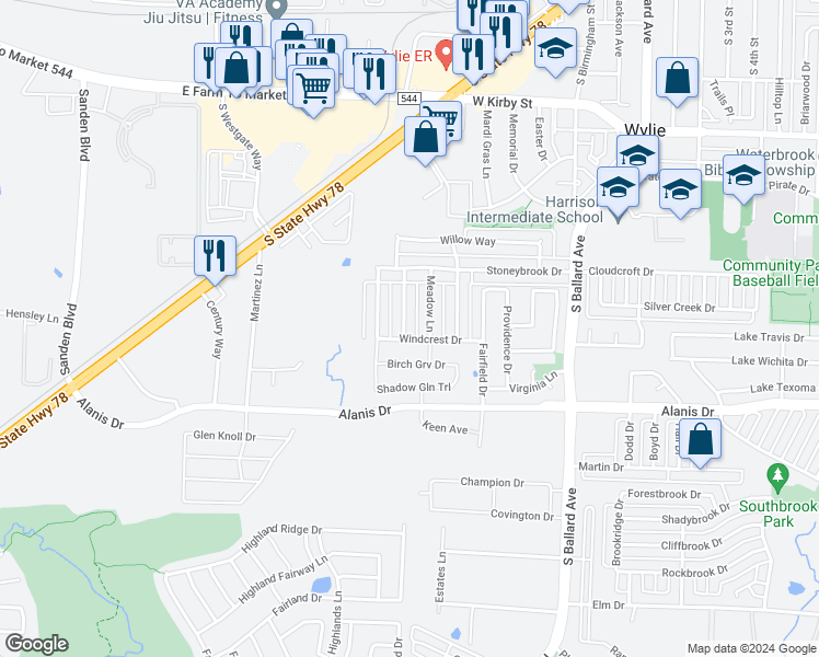 map of restaurants, bars, coffee shops, grocery stores, and more near 717 Flagstone Way in Wylie