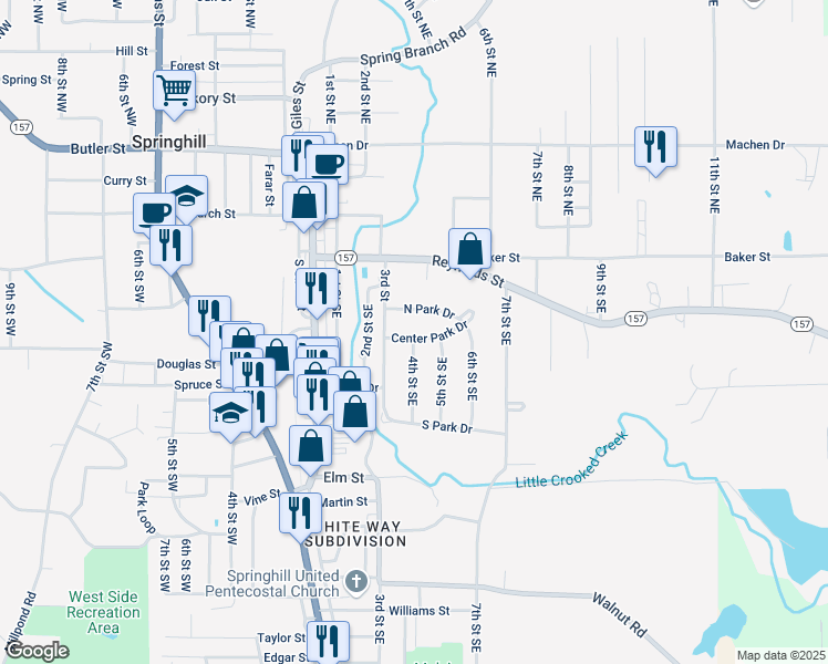 map of restaurants, bars, coffee shops, grocery stores, and more near 402 Center Park Drive in Springhill