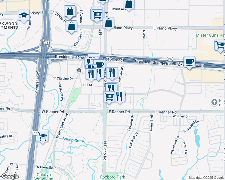 map of restaurants, bars, coffee shops, grocery stores, and more near 3551 Wilshire Way in Richardson