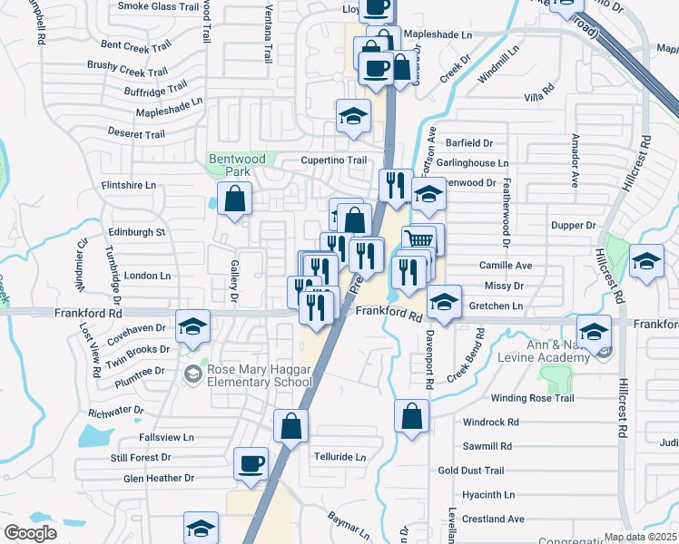 map of restaurants, bars, coffee shops, grocery stores, and more near 18111 Preston Road in Dallas
