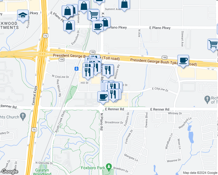 map of restaurants, bars, coffee shops, grocery stores, and more near 3551 Wilshire Way in Richardson