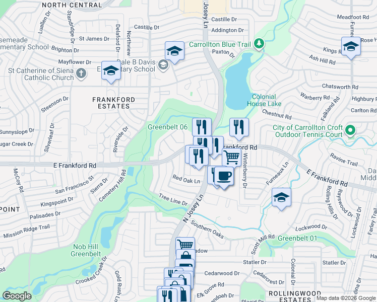 map of restaurants, bars, coffee shops, grocery stores, and more near in Carrollton