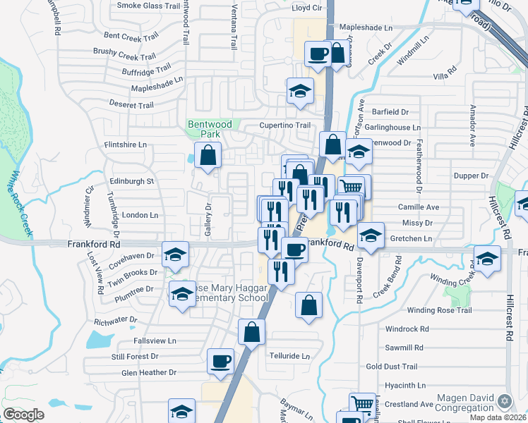 map of restaurants, bars, coffee shops, grocery stores, and more near 18159 Frankford Lakes Circle in Dallas