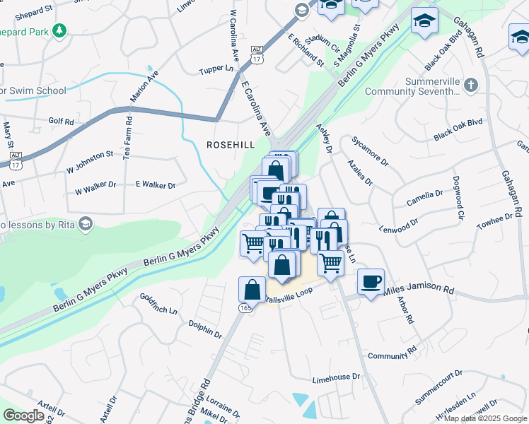 map of restaurants, bars, coffee shops, grocery stores, and more near 680 Bacons Bridge Road in Summerville