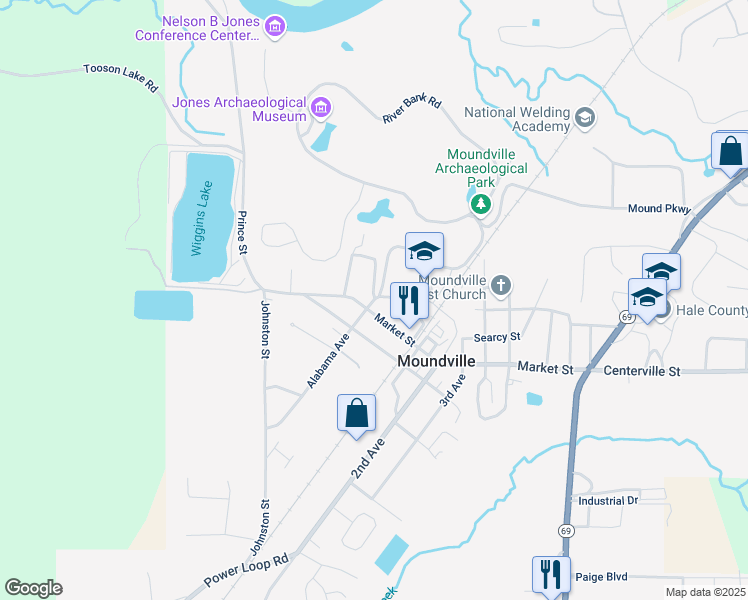 map of restaurants, bars, coffee shops, grocery stores, and more near 537 Alabama Avenue in Moundville