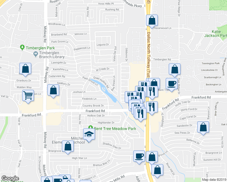 map of restaurants, bars, coffee shops, grocery stores, and more near 4405 Quail Hollow Road in Dallas