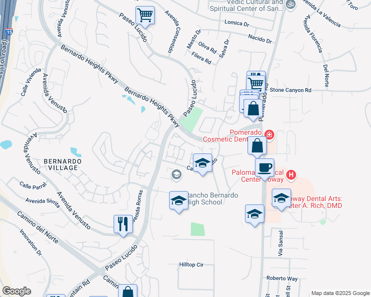map of restaurants, bars, coffee shops, grocery stores, and more near 15673 Via Calanova in San Diego