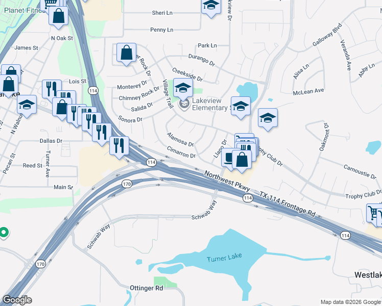map of restaurants, bars, coffee shops, grocery stores, and more near 24 Cimarron Drive in Trophy Club