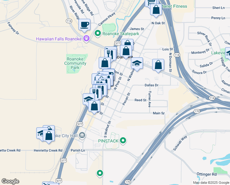 map of restaurants, bars, coffee shops, grocery stores, and more near 322 Austin St in Roanoke