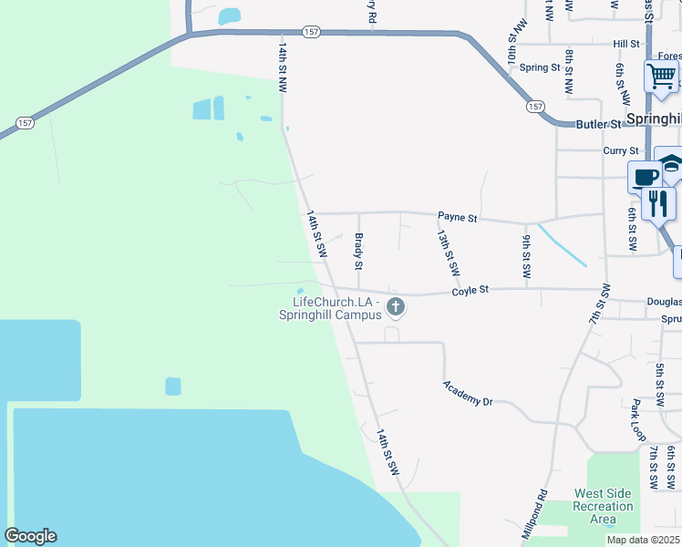 map of restaurants, bars, coffee shops, grocery stores, and more near 120 Brady Street in Springhill