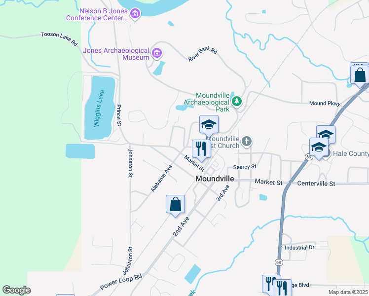 map of restaurants, bars, coffee shops, grocery stores, and more near 537 Alabama Avenue in Moundville