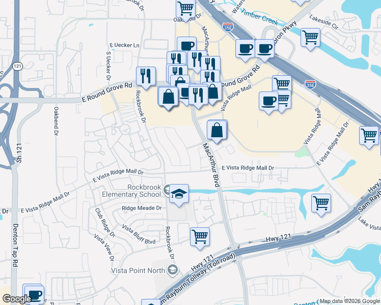 map of restaurants, bars, coffee shops, grocery stores, and more near 2633 Chambers Drive in Lewisville