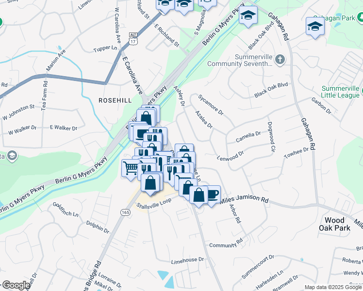 map of restaurants, bars, coffee shops, grocery stores, and more near 310 Rose Lane in Summerville
