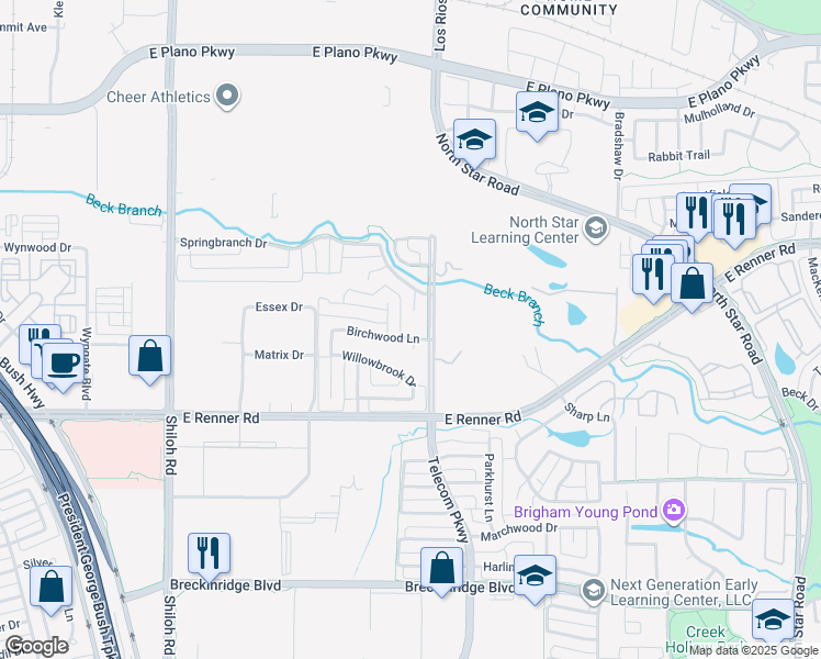 map of restaurants, bars, coffee shops, grocery stores, and more near 3515 Birchwood Lane in Richardson