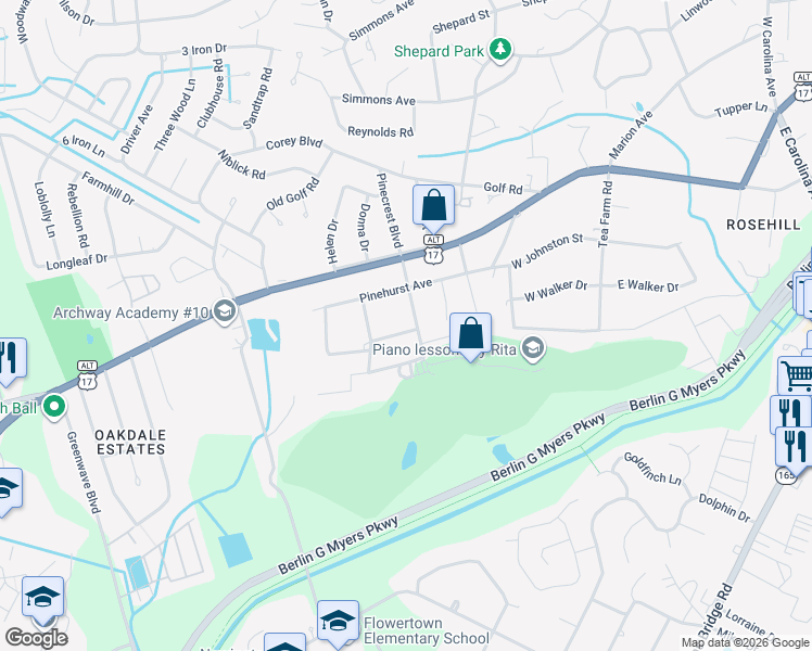 map of restaurants, bars, coffee shops, grocery stores, and more near 206 Country Club Boulevard in Summerville