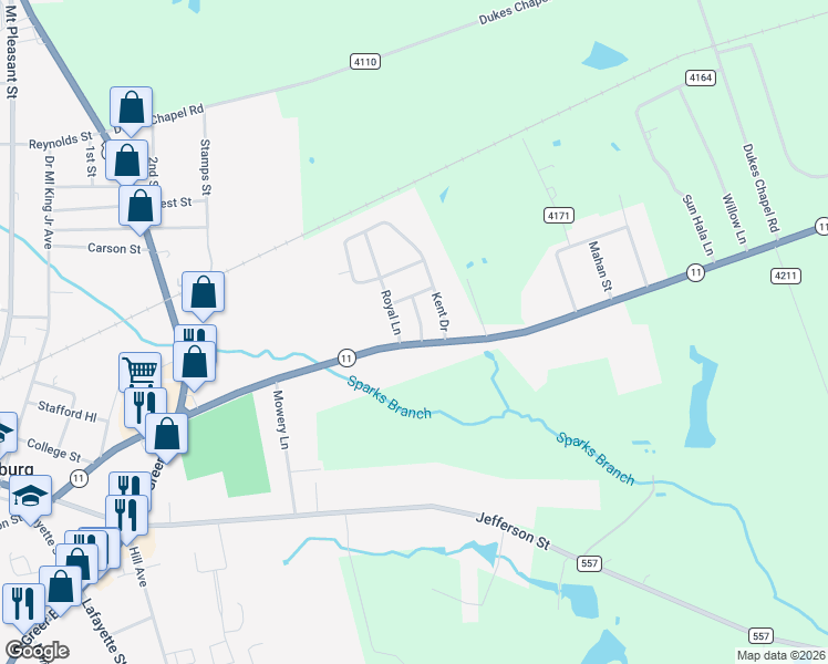 map of restaurants, bars, coffee shops, grocery stores, and more near 103 Royal Lane in Pittsburg