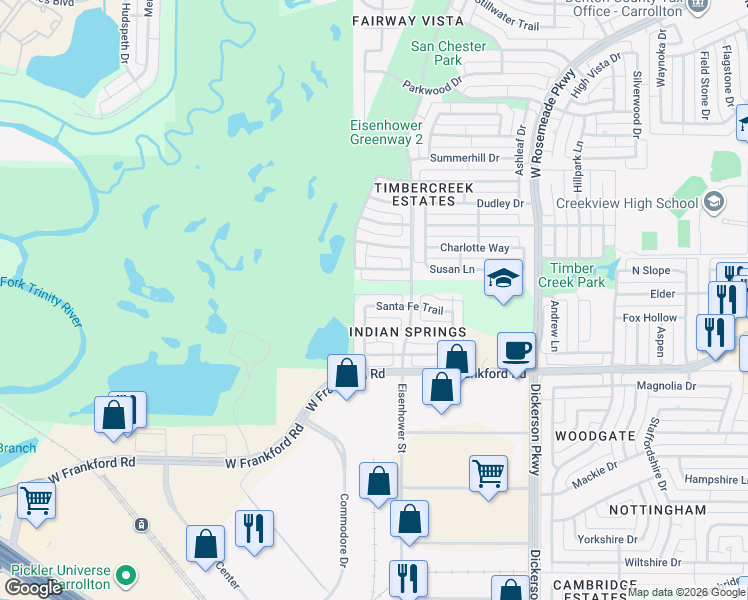 map of restaurants, bars, coffee shops, grocery stores, and more near 1524 Santa Fe Trail in Carrollton