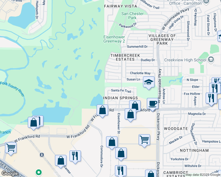 map of restaurants, bars, coffee shops, grocery stores, and more near 1524 Santa Fe Trail in Carrollton