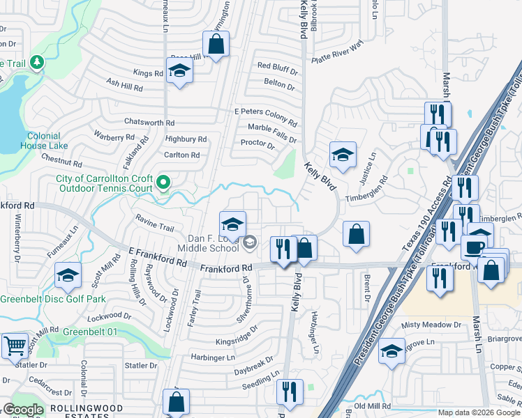 map of restaurants, bars, coffee shops, grocery stores, and more near 18065 Appleridge Drive in Dallas