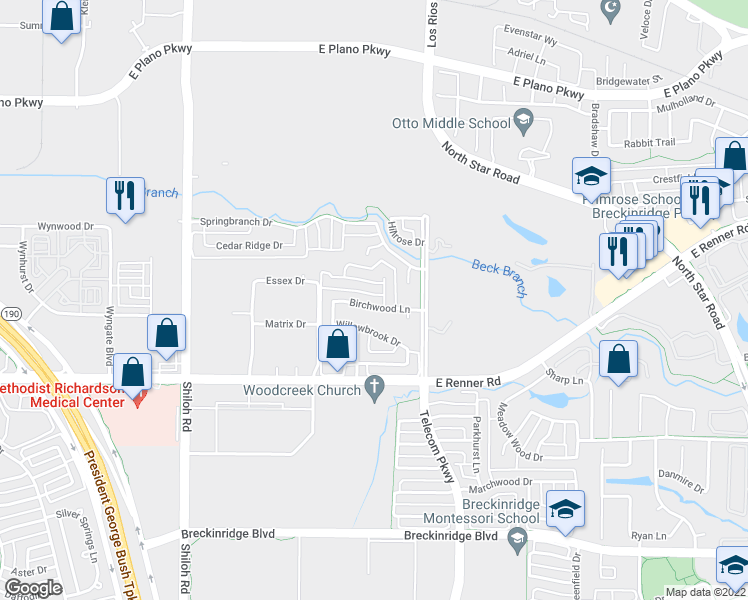 map of restaurants, bars, coffee shops, grocery stores, and more near 3503 Birchwood Lane in Richardson