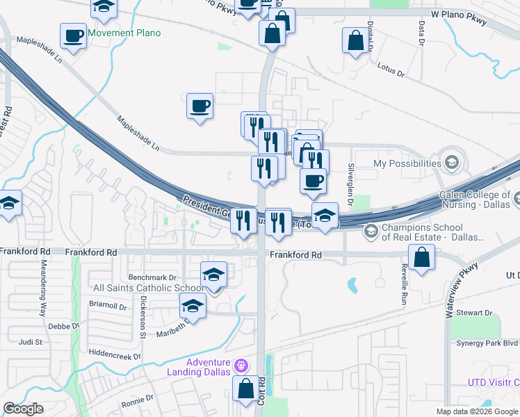 map of restaurants, bars, coffee shops, grocery stores, and more near Coit Rd & TX-190 in Plano