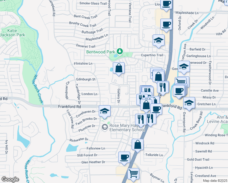 map of restaurants, bars, coffee shops, grocery stores, and more near 18383 Gallery Drive in Dallas