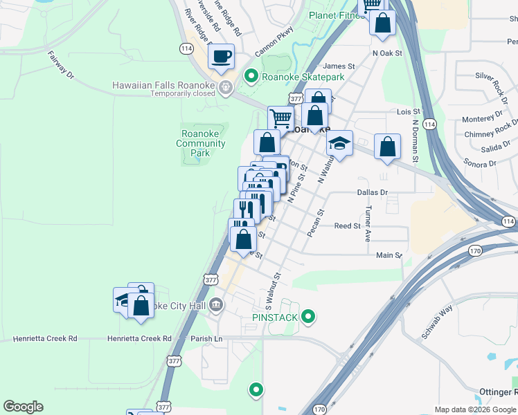 map of restaurants, bars, coffee shops, grocery stores, and more near 205 North Oak Street in Roanoke